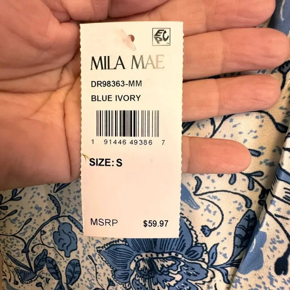 NWT Mila Mae Blue White Dual Floral Print Flowy Ruffle Hem Sweetheart Neck SZ S - Picture 6 of 10